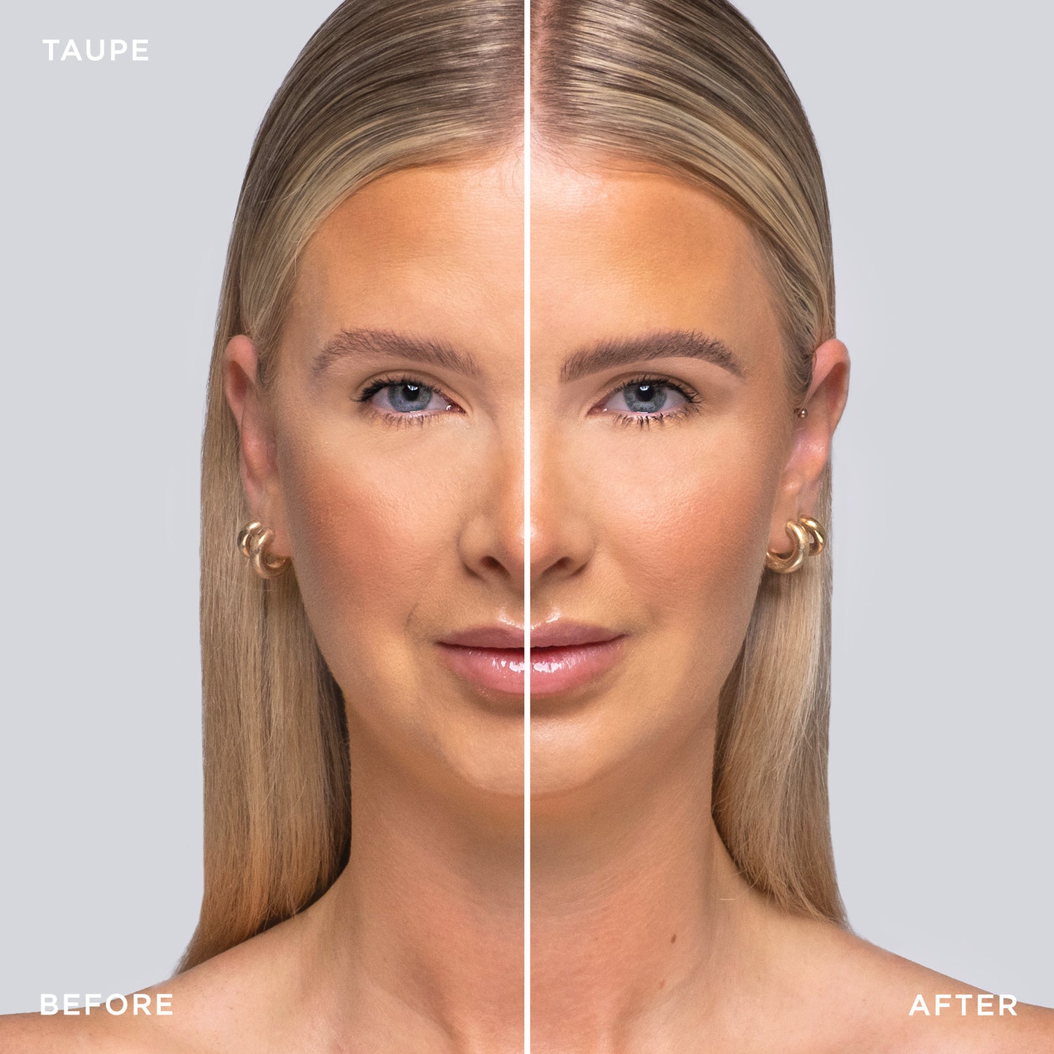 Before and after shot of model wearing Tinted Multi-Peptide Brow Gel - color-taupe
