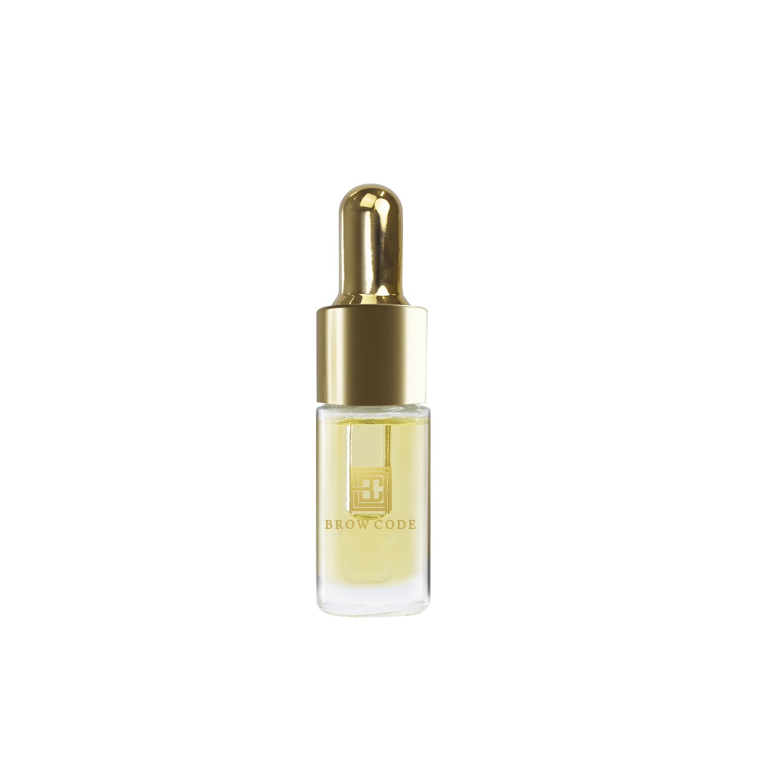 Skincare serum bottle with gold cap on a white background