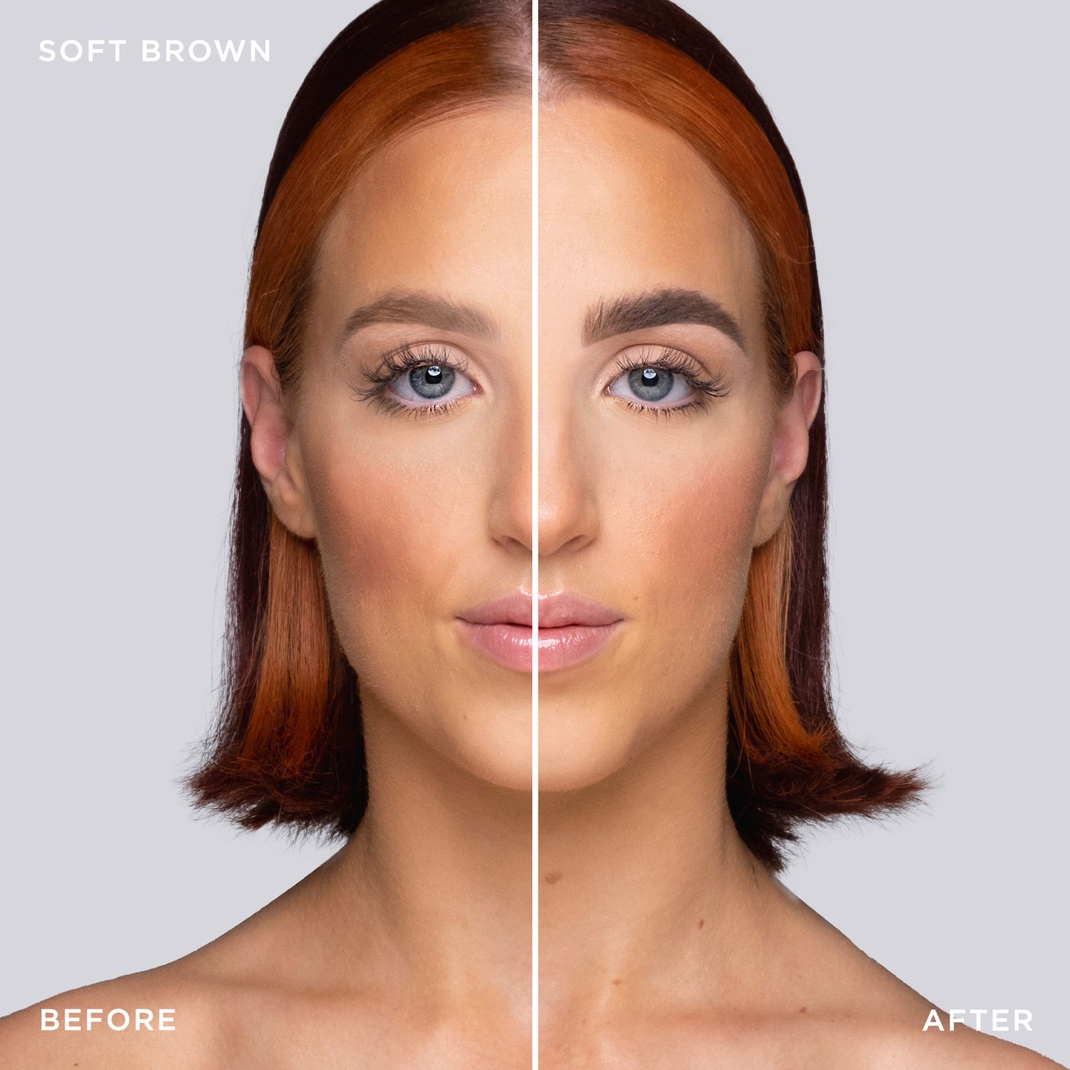 Before and after shot of model wearing Tinted Multi-Peptide Brow Gel - Color-Soft Brown